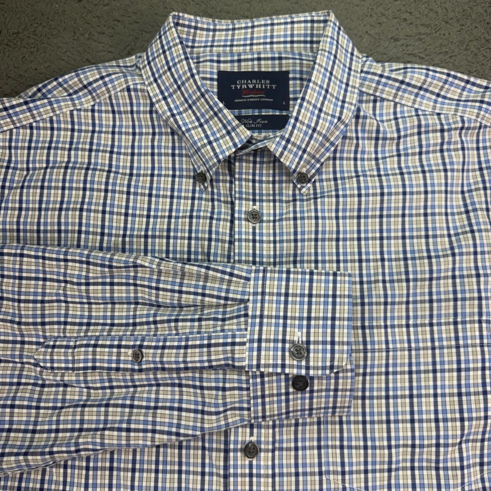 Charles Tyrwhitt Shirt Mens L Blue Plaid Non‎ Iron Slim Fit Button Down Weekend